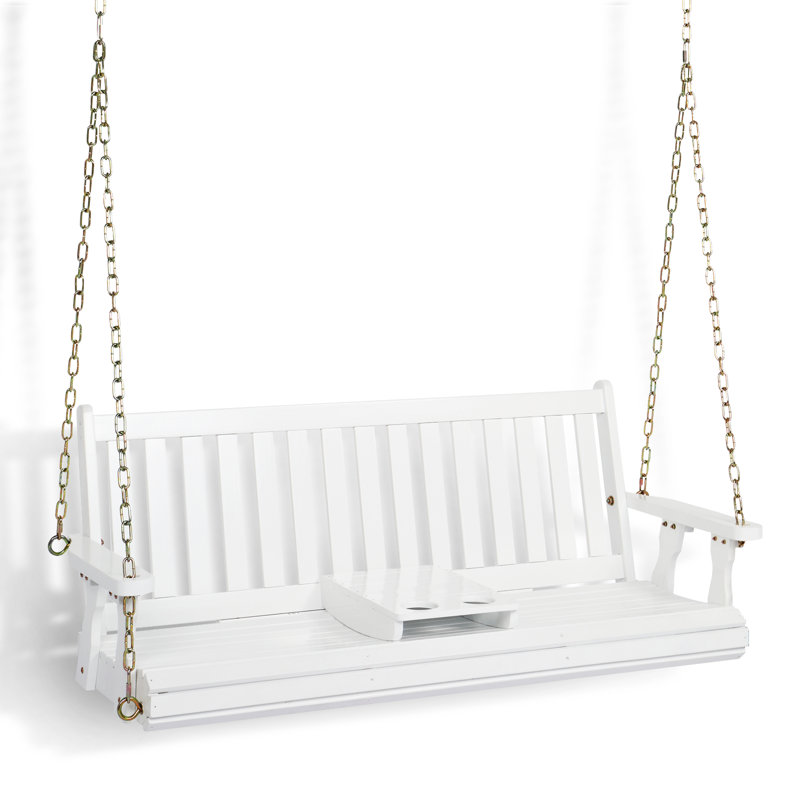 Ambrie 2 Person Solid Wood Porch Swing with 2 Cup Holders, White