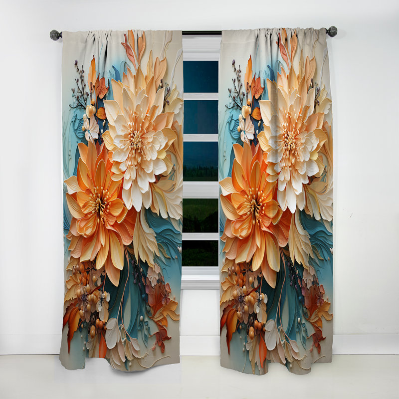 Orange Teal Botanical Whirlwind I - Modern Curtain - Velvet Room Darkening - 1 panel, 52" W x 90" L