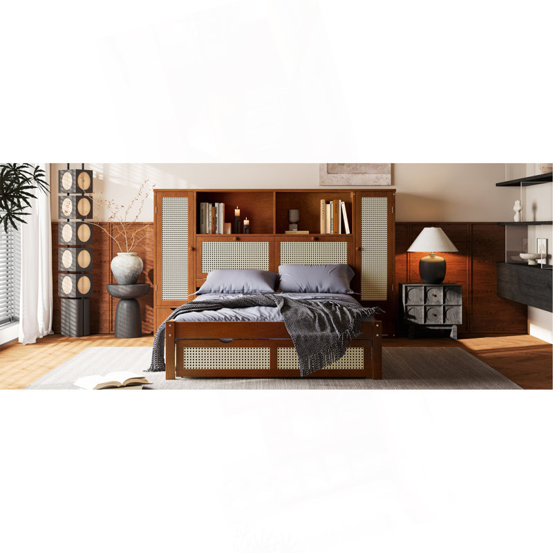 Lit simple en bois avec deux casiers de rangement, un tiroir et une tablette de rangement sur la tête de lit, lit plateforme multifonctionnel avec rotin naturel