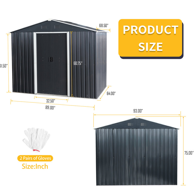 8Ft X 6Ft Metal Storage Shed - Black, Galvanized Steel Structure For Durability, Punched Vents, Sliding Doors With Padlock, Simple Assembly Guide Stability, Lock, Easy Instructions