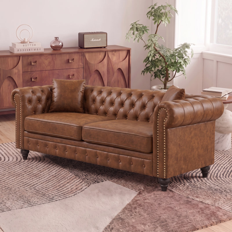 Canapé Chesterfield 85,5 po avec accoudoirs roulés, capitonnage et coussins de salon, Brun