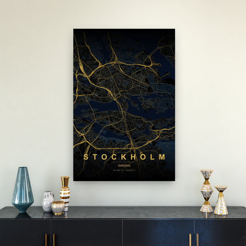Golden Stockholm Map Modern Abstract City Landscape Wall Art Print 1 Piece Wrapped Canvas Wall Art, 91.44cm H x 60.96cm W
