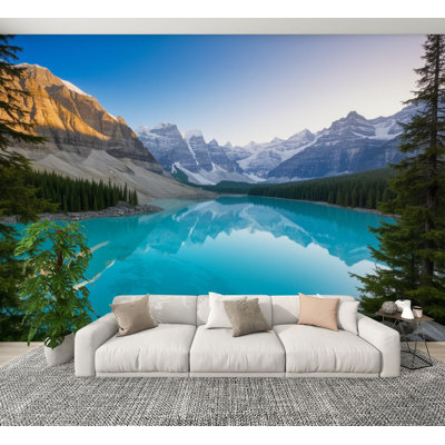Papier peint adhésif pelez et collez les eaux turquoise de la forêt de pins, paysage paisible de la forêt de pins, H 69 po x l 96 po, papier peint amovible en PVC, adhésif pour chambre à coucher, bureau à domicile