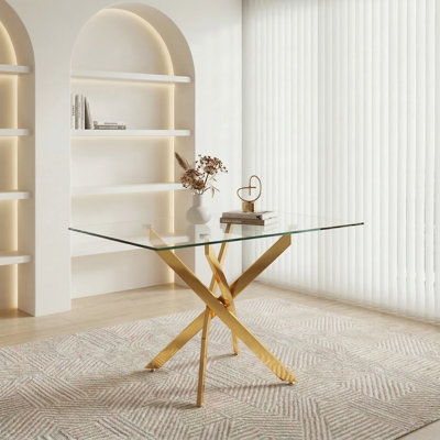 47" Glass Dining Table with Brushed Gold Legs – Rectangular Tempered Glass Kitchen Table & Work Desk for Home, Dining Room, and Office (Seats 4)
