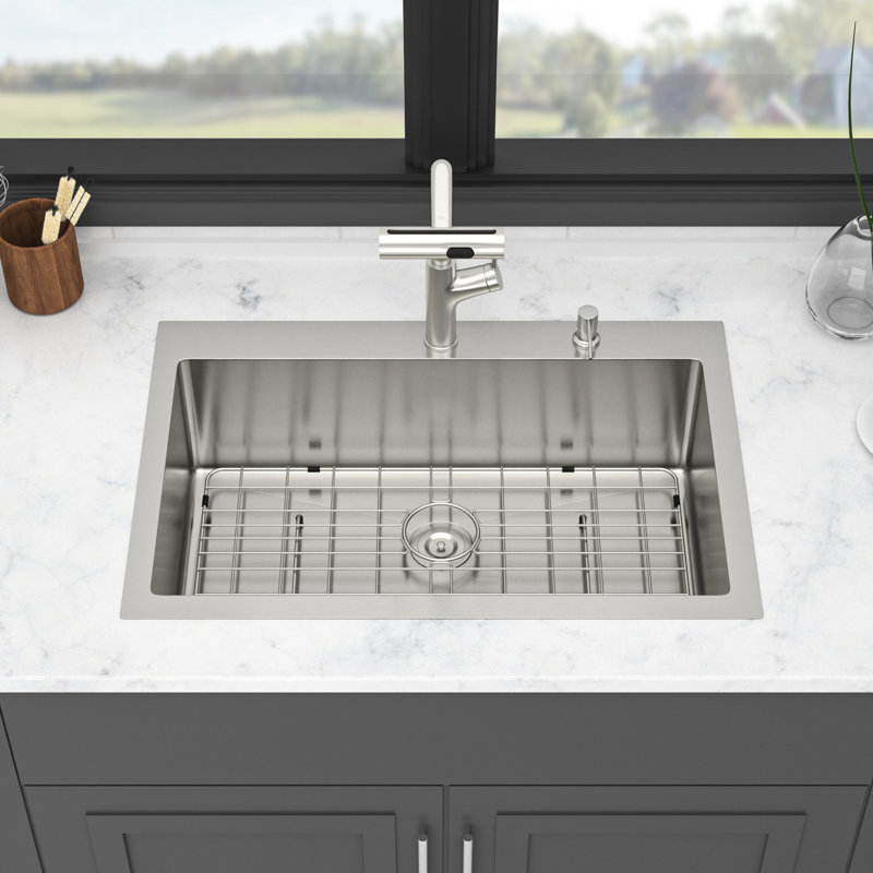 33-Inch Single Bowl Topmount Kitchen Sink In 16 Gauge T304 Stainless Steel With Pull-Out Faucet, Soap Dispenser, And Rolling Drying Rack - 41 Multi Faucet 360 Swivel, X-Shaped Drain, Pad 33 X 22 10