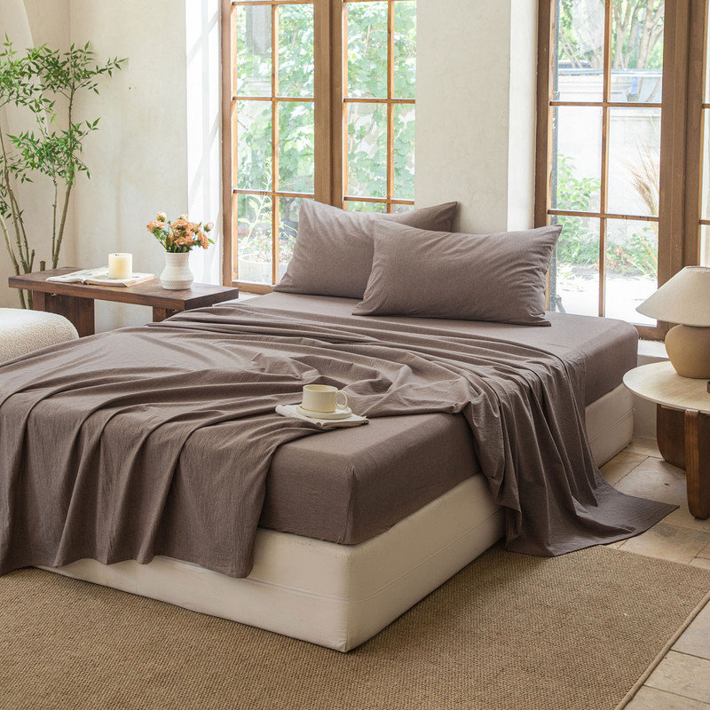 100% Washed Cotton Bedding Sheet Set 4 Pieces,1 Fitted Sheet,1 Flat Sheet and 2 Pillowcases,Comfy Textured Sheet Set