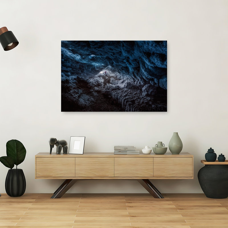 Blue Ice Cavern Explorer Dramatic Abstract Contemporary Landscape Winter Wall Art Print, 101.6cm H x 152.4cm W
