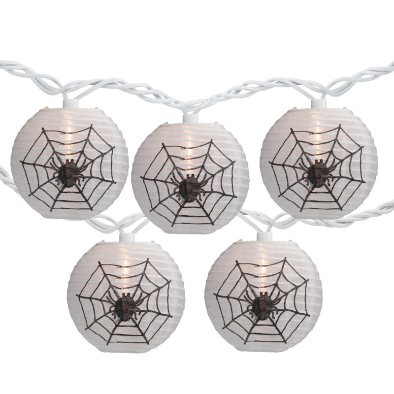 10-Count White Spider In Web Paper Lantern Halloween Lights  Clear Bulbs
