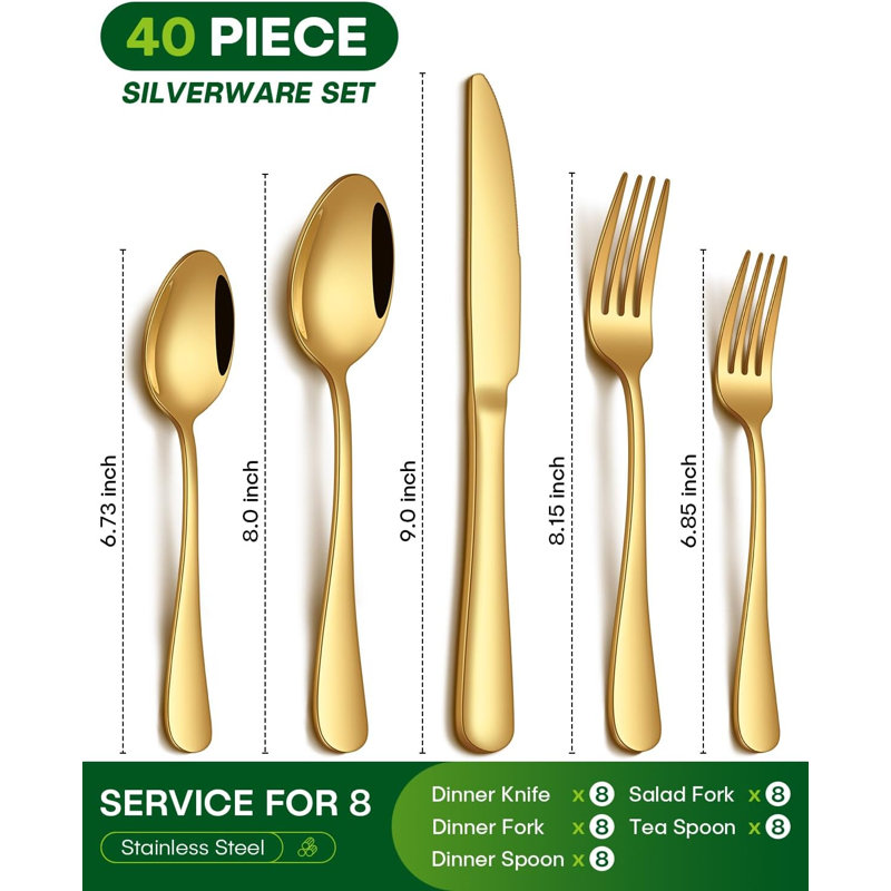40 Piece Gold Silverware Set, Stainless Steel Flatware Set For 8