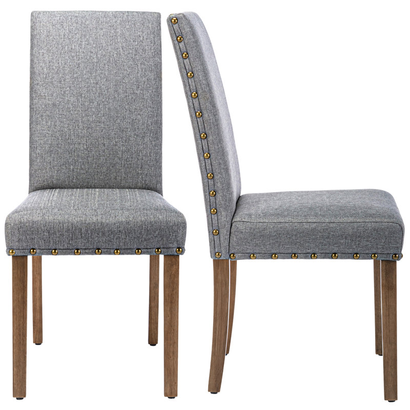 Chaises de cuisine rembourrées élégantes en lin Rucha avec pieds robustes en bois d'hévéa et garniture cloutée, Gris