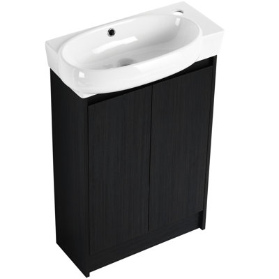 Meuble-lavabo moderne de 23 po avec lavabo, portes à fermeture en douceur, étagère de rangement, châtaignier noir, contreplaqué de haute qualité, rangement mural à trois niveaux, étagère réglable autoportante
