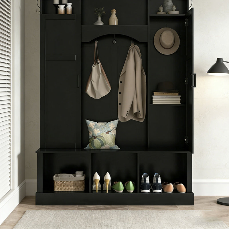 Arbre de couloir moderne tout-en-un avec tablettes réglables, banc de rangement de style campagnard arqué classique avec armoires latérales doubles