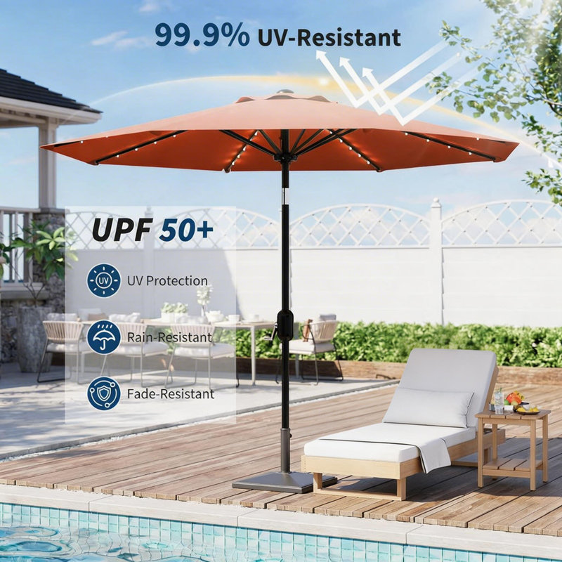Parasol de patio 9 pi, 8 baleines robustes, avec lumières, Orange