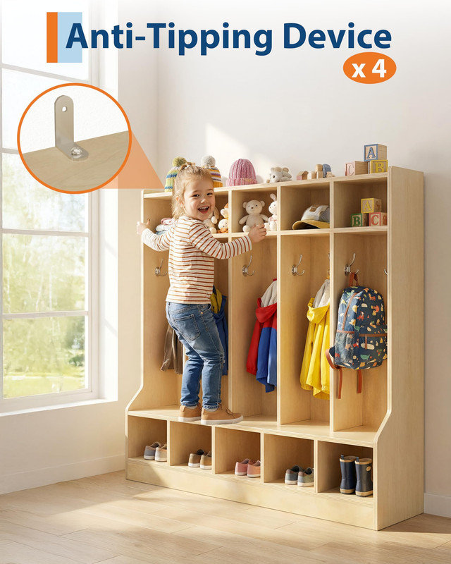 Transitional Kids Storage Bench with 10 Cubbies & Hooks, Mobile Organizer for Entryway, Classroom & Playroom