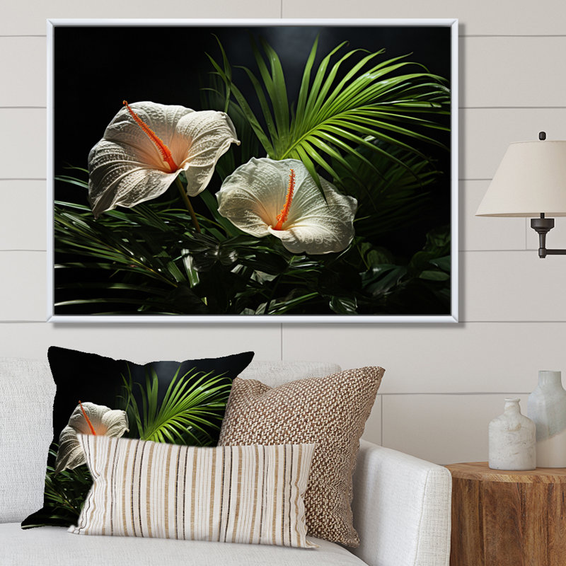 Anthurium blanc dans un salon tropical - art mural floral, Cadre flottant blanc, H 12 po x l 20 po x P 1 po