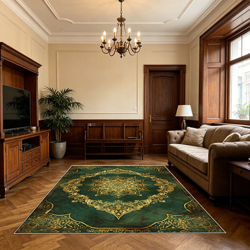 1PC Vintage Emerald Green Gold Bohemian Persian Medallion Floral area rugs for Living Room, Soft, All seasons, Easy-maintain, Washable Indoor mat, Farmhouse suitable for for dining room, bedroom, kitchen...