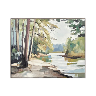 «Riverside Pines Nature Landscape», art mural sur toile encadré peint à la main