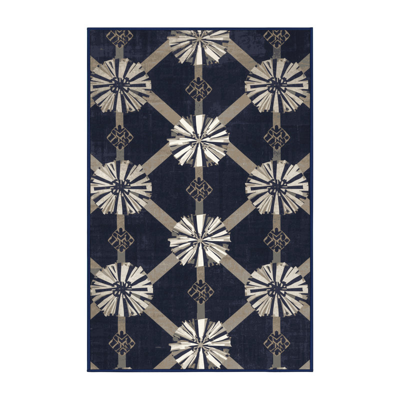 Soft Plush Mondale Cheer Squad Performance Preppy Geometric Area Rug in Gray – Navy Binding, 7x9