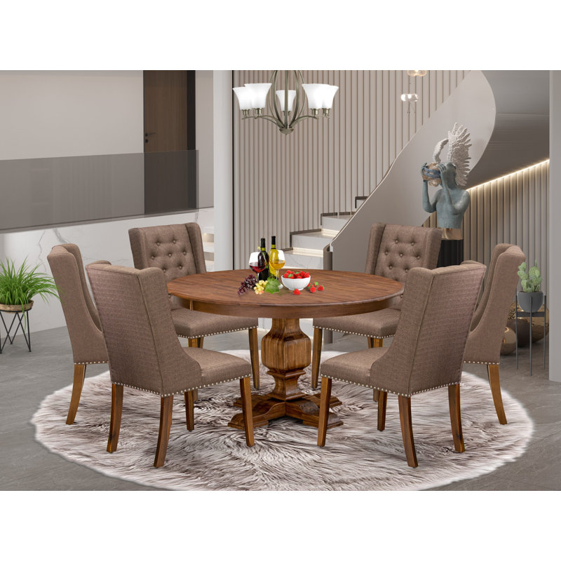 Ensemble de salle à manger 7 pièces Mid Century Modern comprenant une table et 6 chaises en tissu de lin brun avec dossier capitonné, noyer antique