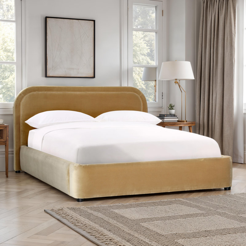 Paola Upholstered Platform Bed in Camel Velvet, Queen, Camel