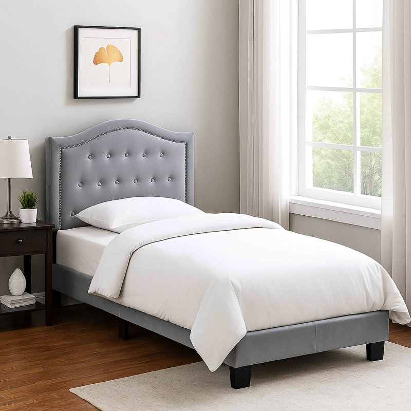 Lit plateforme tapissier touffeté, Gris foncé, Simple