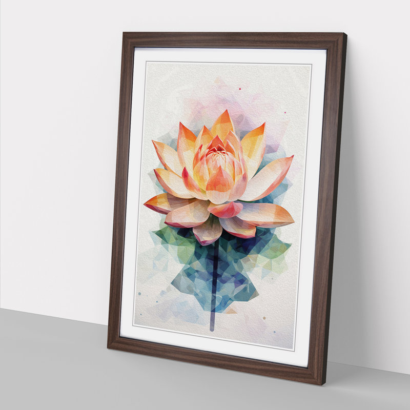 Lotus Flower Geometric No.2 - Single Picture Frame Print on Wood, 64cm H x 46cm W x 2cm D, Walnut