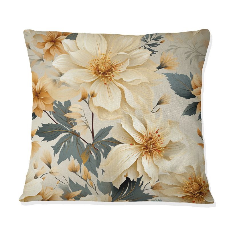 Coussin décoratif antique avec pivoines beiges et bleues III, H 18 po x l 18 po