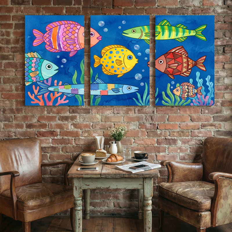 Animals Colorful Fish Underwater Scene Pattern Print Set of 3 Canvas Wall Art Prints, 24" H x 48" W
