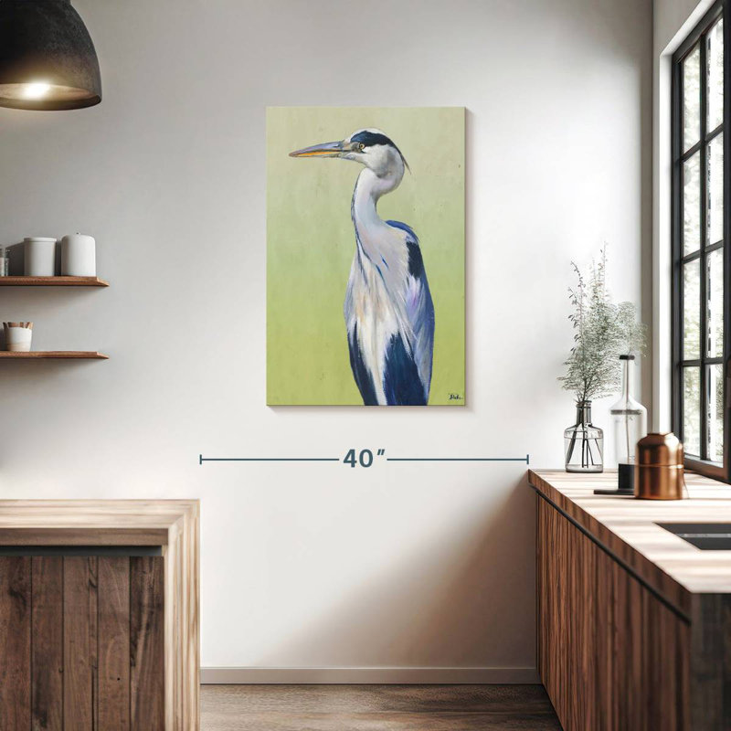 Héron bleu sur fond vert II, H 36 po x l 24 po