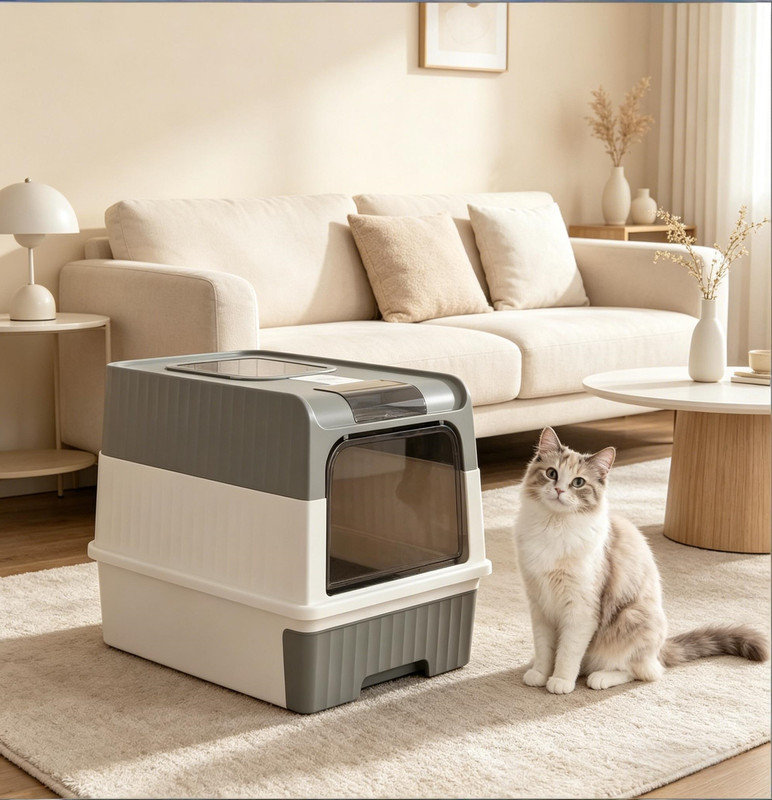 Litière compacte pour chat, litière entièrement fermée, litière pour animal de compagnie, Gris / Blanc