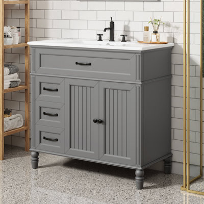 Ensemble de meuble-lavabo 36 po avec lavabo | Pieds en bois d'acacia, armoire en panneau de fibres à densité moyenne, 2 tiroirs à fermeture en douceur + armoire à 2 portes, trous de robinet espacés de 8 po, dossier ouvert pour la plomberie