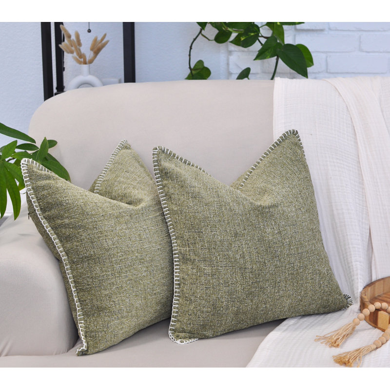 Olive Green Chenille Square Throw Pillow Covers with Stitched Edge, Set of 2
