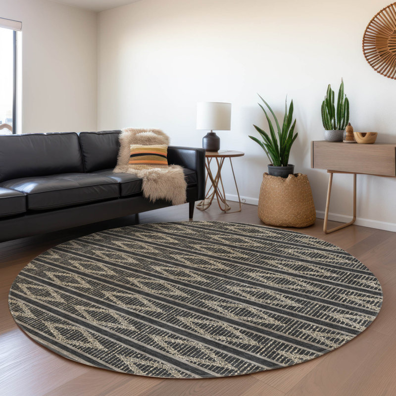 Black and Beige Round Diamond Pattern Washable Synthetic Rug