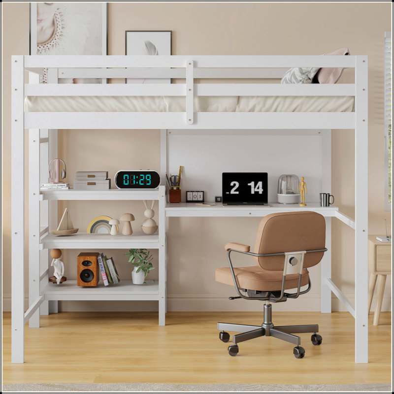 Lit mezzanine en bois avec tablettes, bureau et tableau d'écriture, Blanc