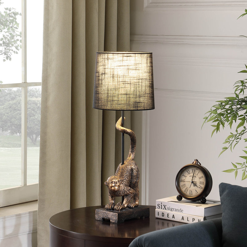 Chandrell 24" Monkey Table Lamp With Drum Shade, Antique Bronze, Black