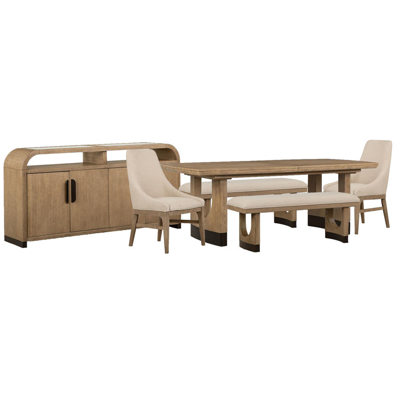Table de salle à manger extensible à tréteaux avec 2 bancs, 2 fauteuils et un buffet