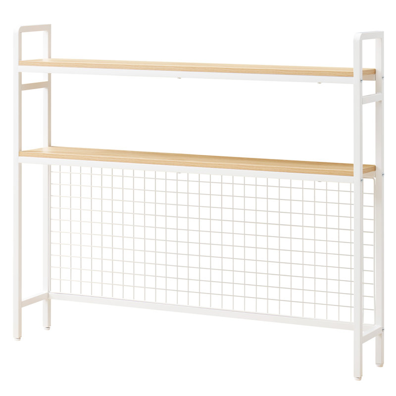 Étagère de bureau à 3 niveaux avec grille, structure en métal et tablette en bois, blanche, idéale pour un bureau, une chambre d'étudiant ou un espace de rangement à la maison. Pieds antidérapants.