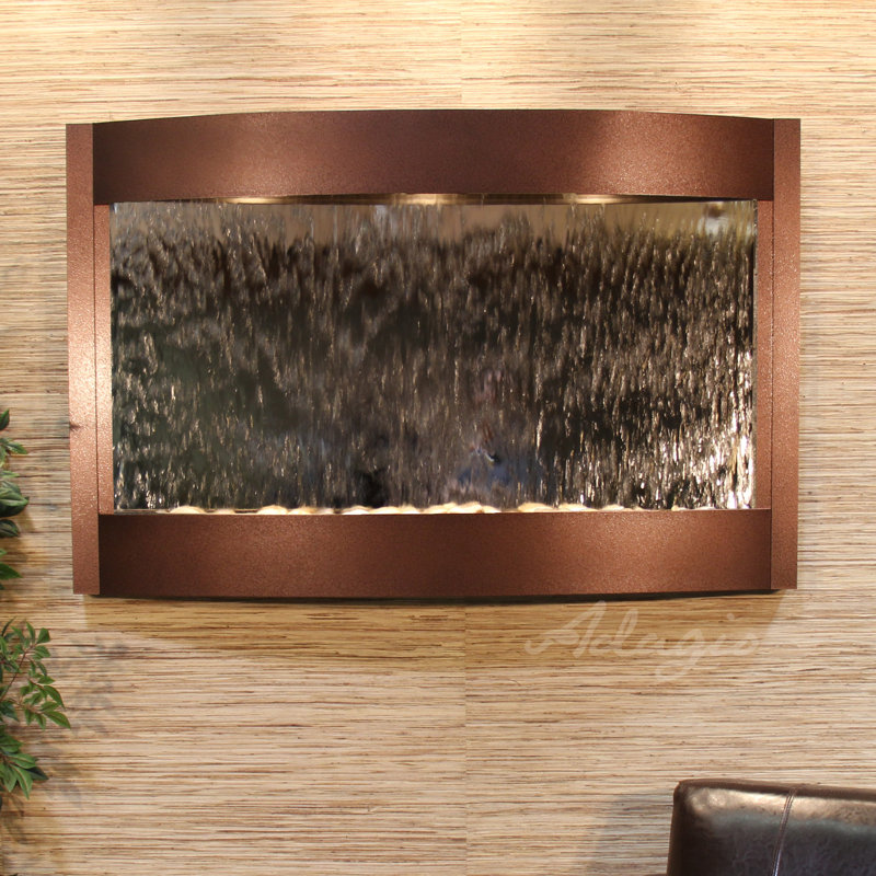Calming Waters Hand Crafted Natural Stone Weather Resistant Waterfall Fountain with Light, Textured Black, Silver Mirror