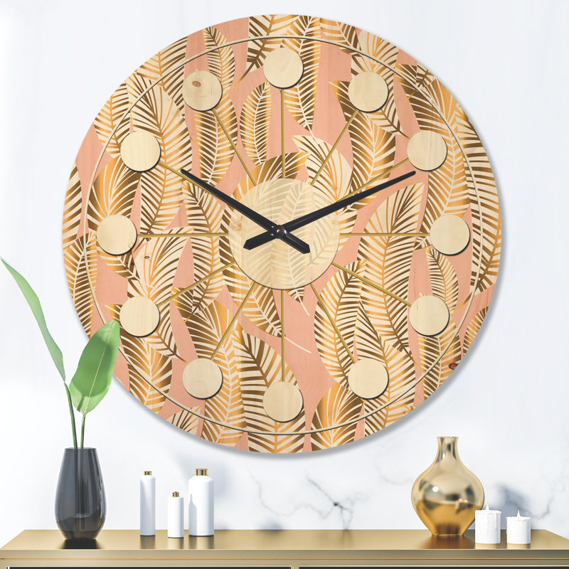 Horloge murale Mid-Century, Grand, Golden Palm Leaves I