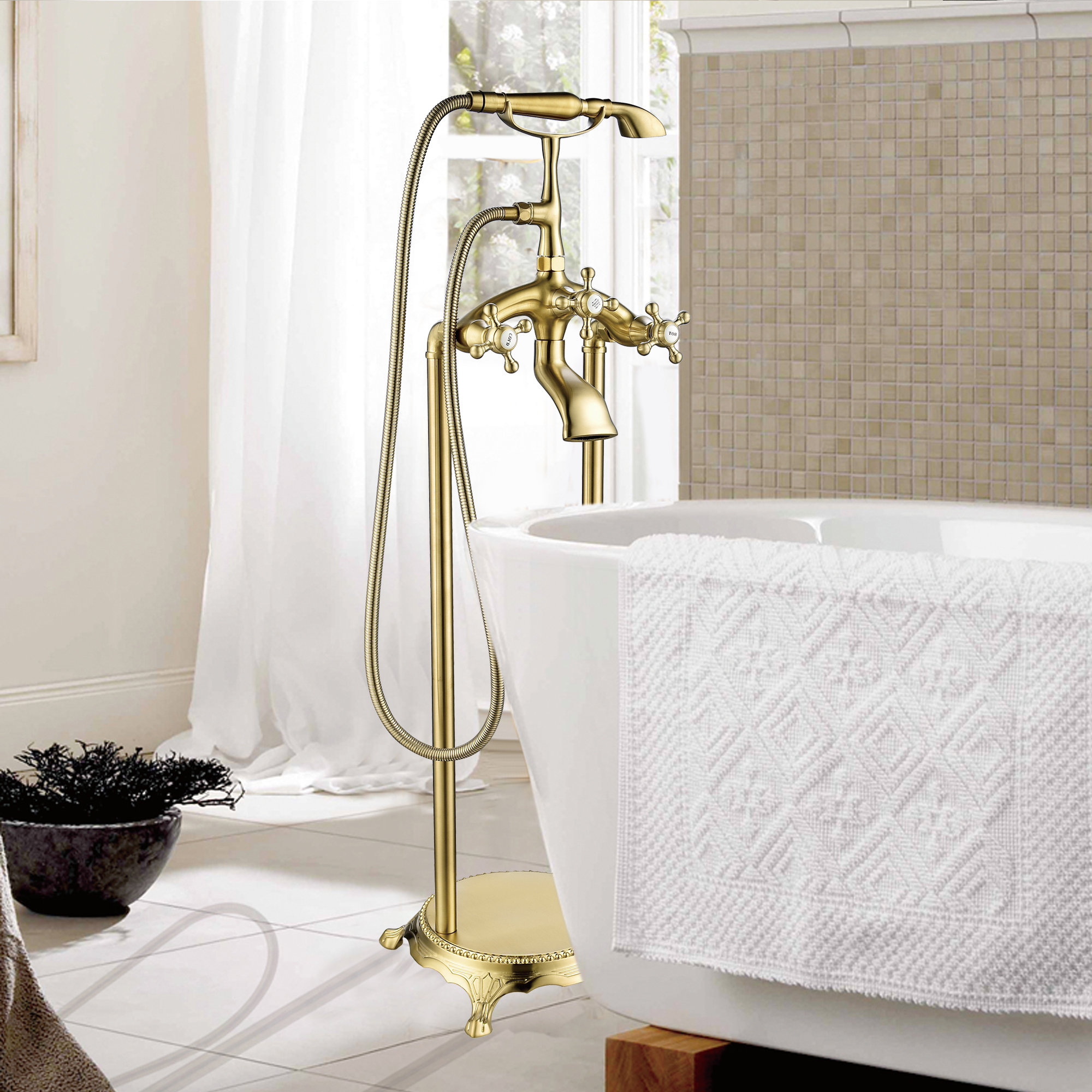 Floor Mounted Clawfoot Tub Faucet Trim, Brushed Bronze