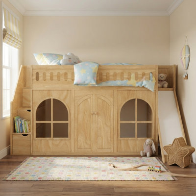 Wooden Loft Bed with Slide, Storage Staircase, Wardrobe, and Playhouse Design, Heavy-Duty Wood Slat Support, No Box Spring Needed