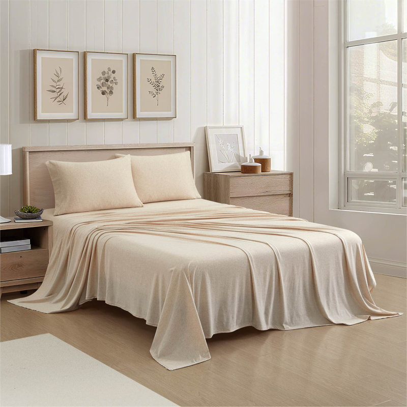 Aeropostale Cotton-Rich Heathered Jersey 3 Piece Sheet Set – Soft T-Shirt Feel, Heathered Oatmeal, Twin, Beige
