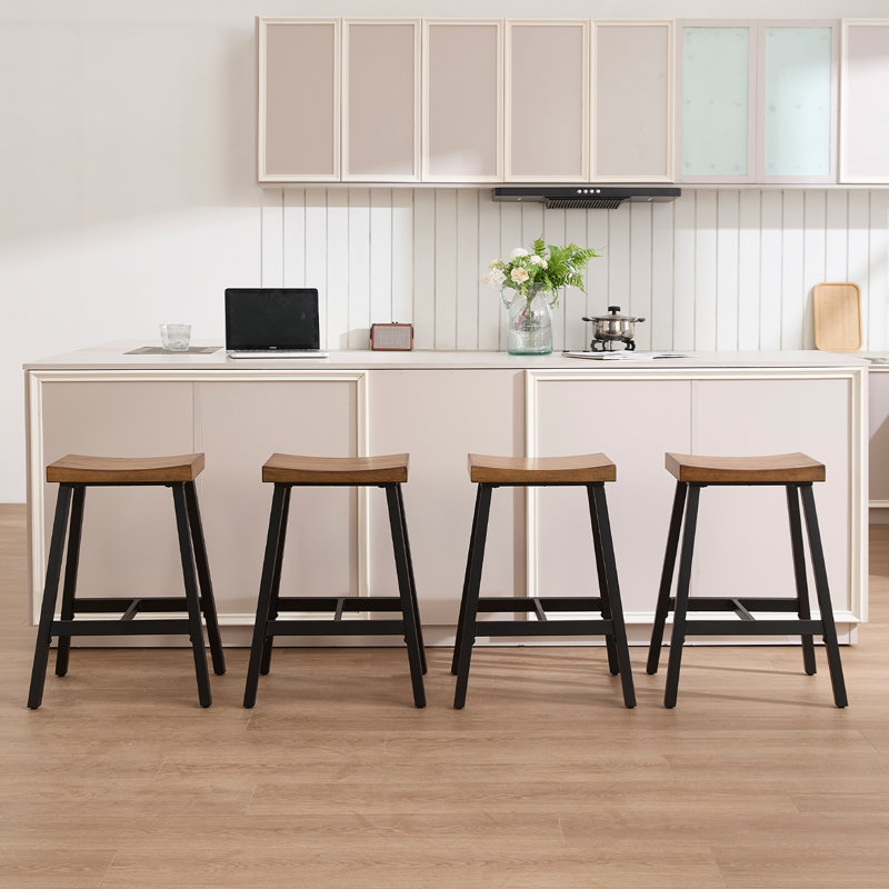 Tabouret de bar en bois massif sans dossier, tabouret de selle avec repose-pieds d'une hauteur de 26 po, Brun, 4
