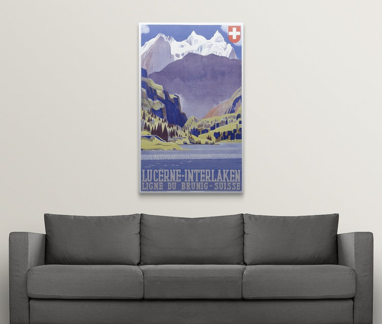 «Swiss Alpes Lucerne Interlaken», affiche vintage, H 27 po x l 20 po x P 1 po, Cadre noir