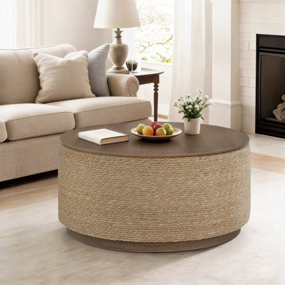 Round Storage Coffee Table, Handwoven Natural Seagrass with Wood Lift-off Top
