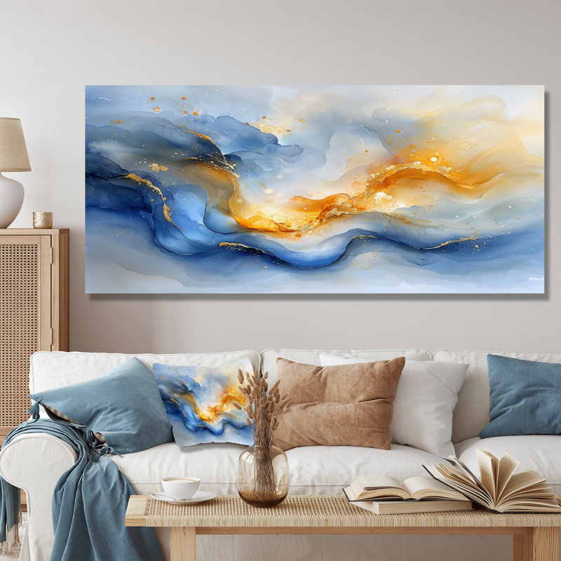 «Blue Yellow Dream Lines V - Abstract collages», art mural, H 28 po x l 60 po, Ne s’applique pas, Wrapped Canvas