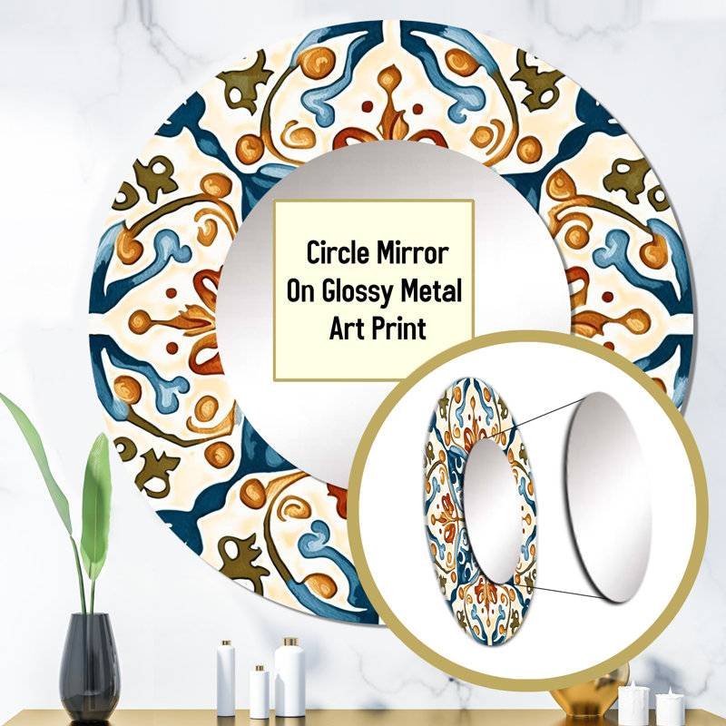 Mediterranean Tiles In Retro Blue III - Abstract Tile Round Mirror Wall Decor, 29" x 29"