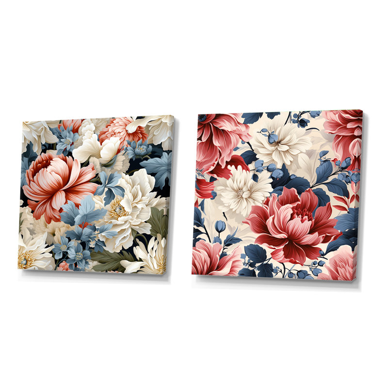 Pothier - Ensemble de 2 collages carrés floraux, Toile tendue, H 16 po x l 33 po
