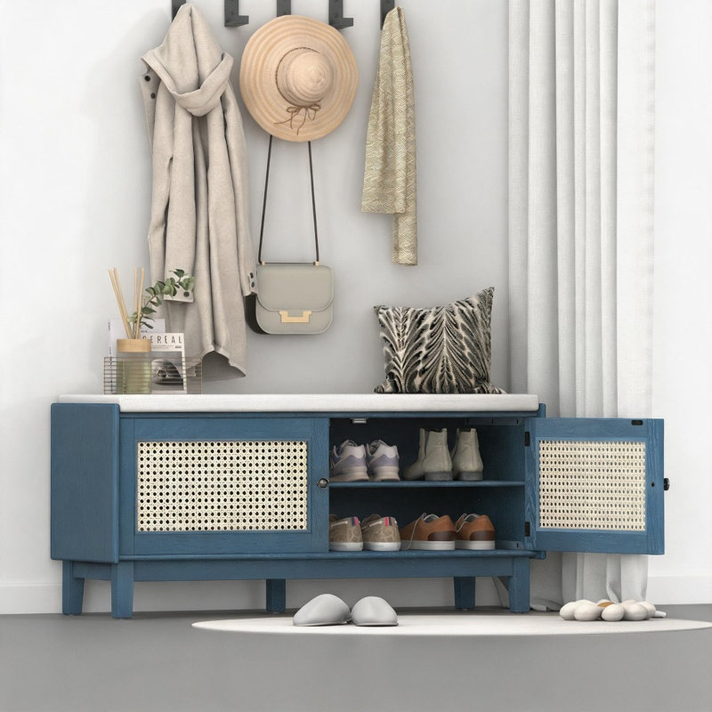 Banc à chaussures, Bleu marine antique / beige