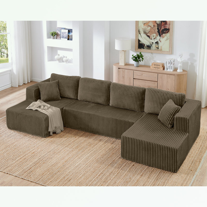 Canapé modulaire en velours côtelé en forme de U avec coussins et deux méridiennes, Velours côtelé brun